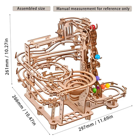 Mechanical Marble Run Puzzle Kit With Chain Hoist 335 Pieces And 8 Marbles shown assembled with size dimensions