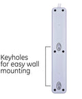 Bottom view of 6-Outlet Surge Protector Power Strip Set With 2 Ft Extension Cords, 620 Joules, showing wall mount keyholes