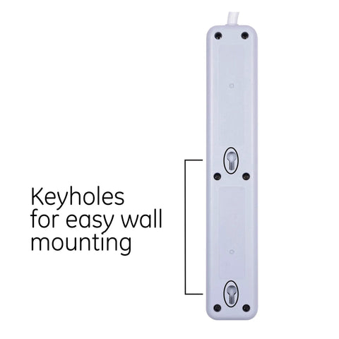 Bottom view of 6-Outlet Surge Protector Power Strip Set With 2 Ft Extension Cords, 620 Joules, showing wall mount keyholes