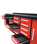 Heavy Duty 10 Ft Workbench With 15 Locking Drawers Stainless Steel Top showing open drawers in classic red finish.