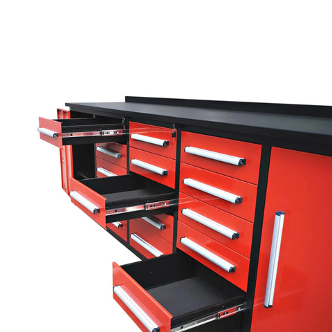 Heavy Duty 10 Ft Workbench With 15 Locking Drawers Stainless Steel Top showing open drawers in classic red finish.