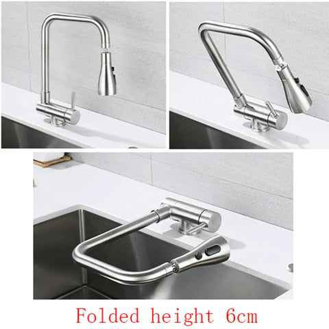 GAZOGJ Black Foldable Kitchen Mixer Tap with 180° foldable design and 6cm height for compact kitchen spaces.