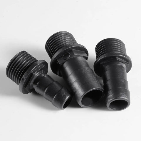 Three Size Nozzle Kit For Fountain Pump Replacement Adapters For Aquarium Fish Tank And Pond Durable ABS Plastic Weatherproof Leak Free Threaded Connection For A Tight Stable Fit, shown in black with threaded ends, three different sizes