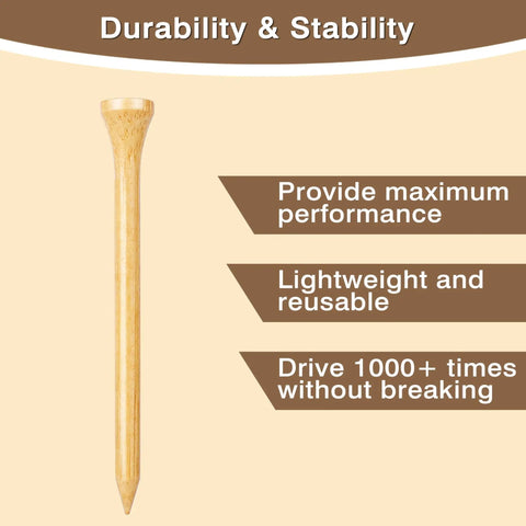 Natural Bamboo Golf Tees 200 Pack With 2-3/4 Inch And 3-1/4 Inch Sizes Available Reduce Friction And Side Spin For Longer Straighter Drives Premium Tees showing durability and stability