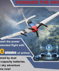 Noob Friendly RC Plane With P51 Style Fighter Look soaring through cloudy sky with text highlighting 40 minutes airtime.