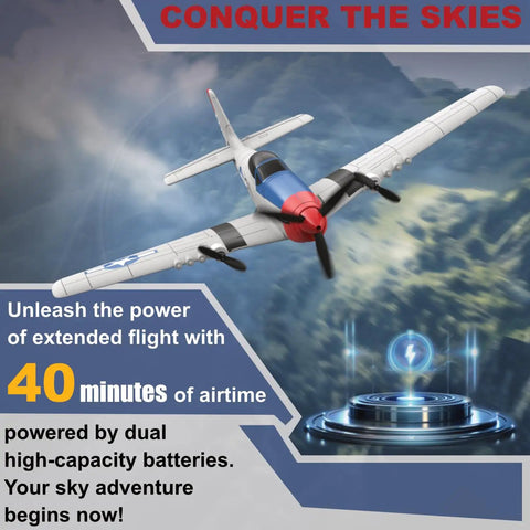 Noob Friendly RC Plane With P51 Style Fighter Look soaring through cloudy sky with text highlighting 40 minutes airtime.