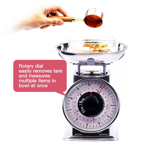 11Lb Analog Mechanical Kitchen Scale With Stainless Steel Bowl Tare Function Old School Retro Style Durable Dial Easy Clean Precise