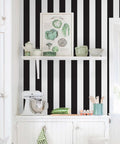 Black And White Striped Peel And Stick Wallpaper For Cabinets And Walls Self Adhesive Removable Waterproof Vinyl 118 Inches Long 18 Inches Wide Modern Decorative Cover For Kitchen Bedroom Bathroom accenting a kitchen wall with shelves and decor.