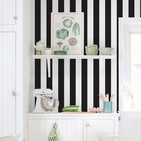 Black And White Striped Peel And Stick Wallpaper For Cabinets And Walls Self Adhesive Removable Waterproof Vinyl 118 Inches Long 18 Inches Wide Modern Decorative Cover For Kitchen Bedroom Bathroom accenting a kitchen wall with shelves and decor.
