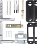 Keyless Entry 14 Digit Keypad Mechanical Door Lock Lever Set, Satin Chrome Finish, 60mm Backset Latch with accessories, top view.