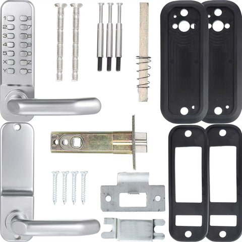 Keyless Entry 14 Digit Keypad Mechanical Door Lock Lever Set, Satin Chrome Finish, 60mm Backset Latch with accessories, top view.