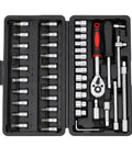 All In One 46 Piece Socket And Screwdriver Bit Set With Ratchet Wrench And Extension Bars For Auto And Home DIY Projects in case