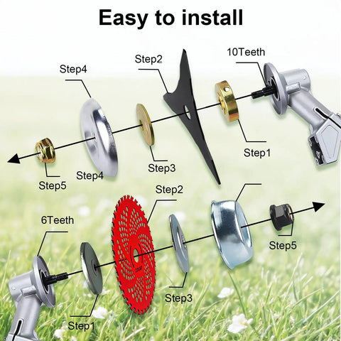 Brush Cutter Blade Set With 9 Inch 36 Teeth Carbide Tipped Blade And 10 Inch 3 Teeth Carbon Steel Blade Universal Adapter Kit instructions