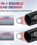 2-In-1 Lug Nut Removal Tool And Impact Socket Set With 1/2 Drive, showing double head design with hex and spiral end.