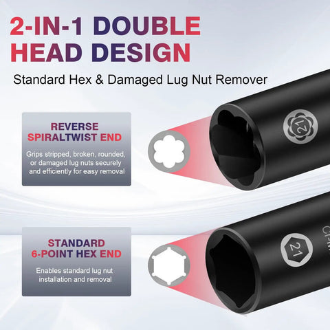 2-In-1 Lug Nut Removal Tool And Impact Socket Set With 1/2 Drive, showing double head design with hex and spiral end.