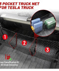 Heavy Duty Cargo Mesh Net Fits Tesla Cybertruck 2024 Through 2025 with 3 pockets for organized storage of items.