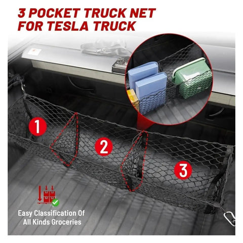 Heavy Duty Cargo Mesh Net Fits Tesla Cybertruck 2024 Through 2025 with 3 pockets for organized storage of items.