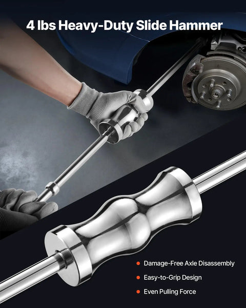 Inner CV Axle Puller Tool Set With Slide Hammer 4 Lb And Two Inch And Two And A Half Inch CV Joint Fork Adapters Outer CV Adapter Heavy Duty Front Wheel Drive Axle Removal Kit in use on vehicle axle