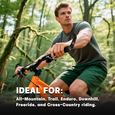 Cyclist using Upgraded Ergonomic Bike Bar Ends Extension For 21.5 To 22.2 Mm Handlebars in forest setting
