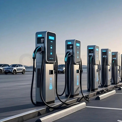 Hella Dependable 1000VDC 10A DC Contactor With Aux Contact Epoxy Sealed For EV Solar And Industrial Systems 12V 24V 48V Coil Options UL Certified charging stations lined up in a modern setting.