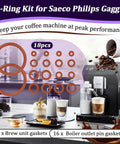 18 Piece O Ring Kit For Saeco Philips Gaggia Coffee Machines Food Grade Silicone Gaskets Set Including Brew Unit Gasket And Boiler Outlet Pins Daily Replacement For Tight Leak Free Performance shown with coffee machine and parts.