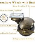 Close-up of 2 Inch Antique Brass Caster Wheels With Brake Set Of 4 For Furniture And DIY Projects highlighting top plate and brake.