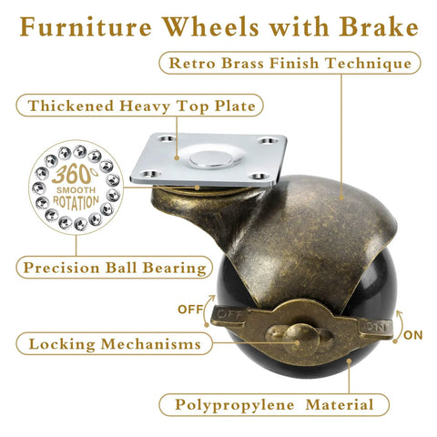 Close-up of 2 Inch Antique Brass Caster Wheels With Brake Set Of 4 For Furniture And DIY Projects highlighting top plate and brake.