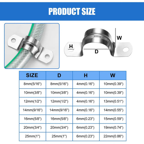 Stainless Steel U Clamp Kit For Pipe And Tube Mounting, size chart, dimensions for 5/16 to 3/4 inch pipes, rust resistant