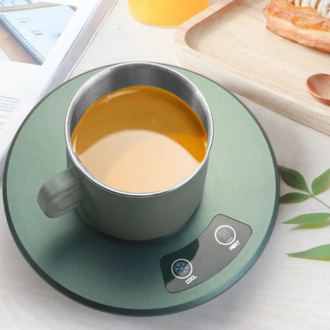 Electric Desk Cup Warmer And Cooler For Coffee Mugs Cans Bottles Precise Hot Cold Temp Control Keep Your Daily Brew Cozy Or Truly Ice Chill Home Office Game Changer Easy Wipe Surface with a mug on a touch screen base.