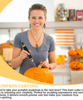 Woman using Two Piece Hot Wire Electric Foam Cutter Pen Kit With Dual Needles For EVA Board Carving on pumpkin