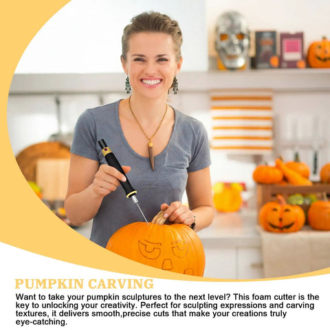 Woman using Two Piece Hot Wire Electric Foam Cutter Pen Kit With Dual Needles For EVA Board Carving on pumpkin