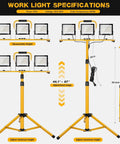 Premium 21000 Lumen Led Work Light With Retractable Tripod Stand And Extended 16 Foot Power Cord, showing adjustable height and specifications.