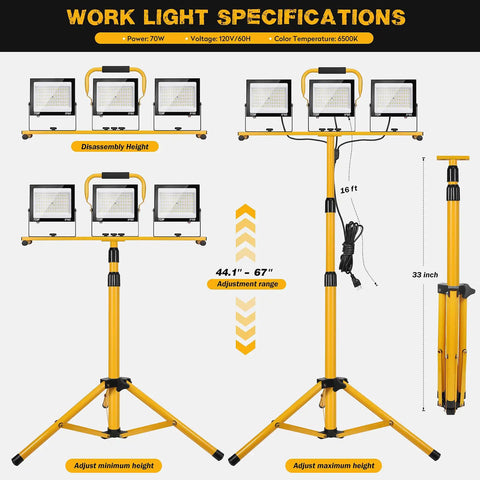 Premium 21000 Lumen Led Work Light With Retractable Tripod Stand And Extended 16 Foot Power Cord, showing adjustable height and specifications.