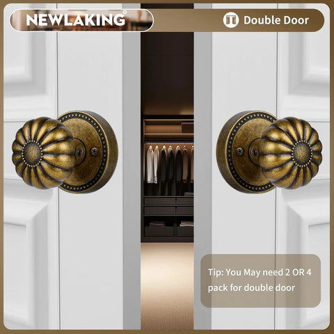 Antique Brass Dummy Door Knob Set for Closet and Pantry Non Turning Interior Door Handles Vintage No Lock Pull Knob for Double Doors Super Easy Install Two Pack