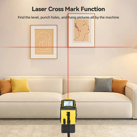 4 In 1 Laser Tape Measure With Cross Line Laser Retractable Tape 328 Ft Laser Range And 16 Ft Tape Fast Accurate Measurements For DIY Home Reno And Pro Builds, yellow on sofa wall
