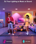 DUSKTEC Smart Recessed Lighting 4 Inch Color Changing LED Recessed Lights illuminating a living room with dancing people.