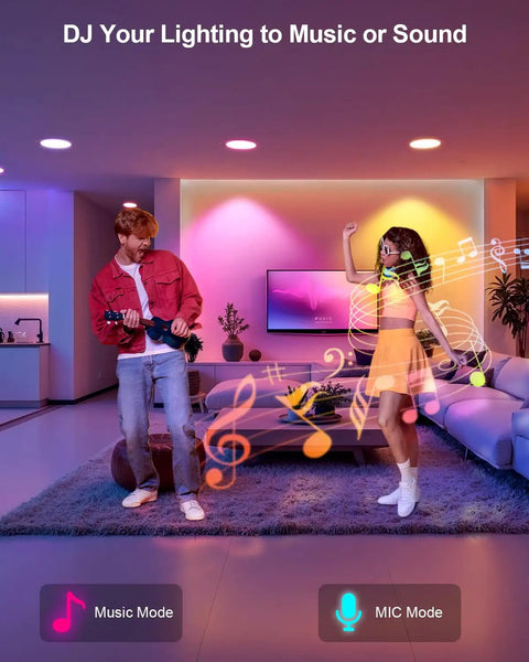 DUSKTEC Smart Recessed Lighting 4 Inch Color Changing LED Recessed Lights illuminating a living room with dancing people.