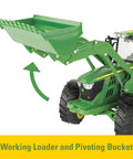 1/16 Scale Big Farm 6210R Tractor With Loader And Spreader Toy Set; front loader lifting with detailed bucket action