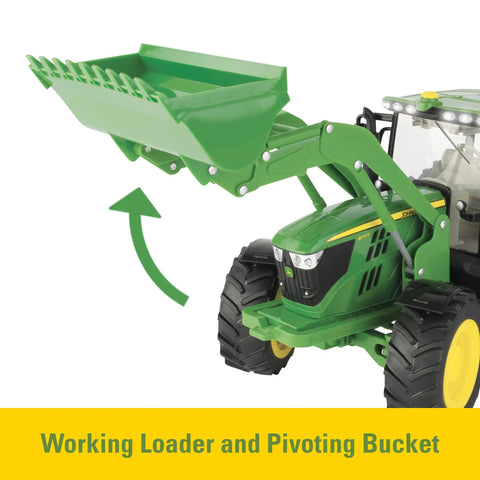 1/16 Scale Big Farm 6210R Tractor With Loader And Spreader Toy Set; front loader lifting with detailed bucket action