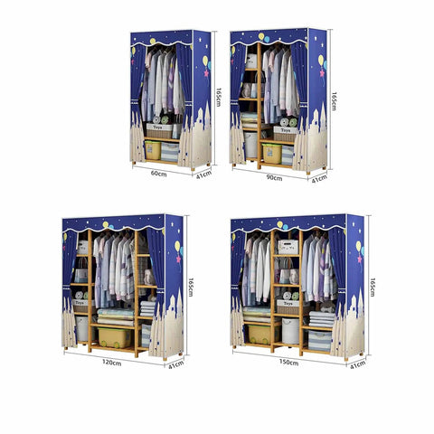 Portable Bamboo Frame Wardrobe Closet With Heavy Duty Nonwoven Cover Double Rod Hanging Clothes Organizer For Dorms And Camping No Sweat Setup shown in multiple sizes.