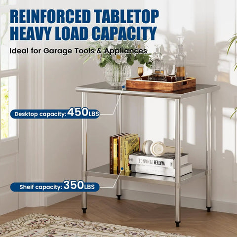 Heavy Duty Stainless Steel Work Table 24 By 36 Inch With Adjustable Undershelf Chef Grade Prep Table For Commercial Kitchen Restaurant Garage Or Outdoor Use Rust Resistant And Easy To Clean Ample Workspace, side view with books and tray.