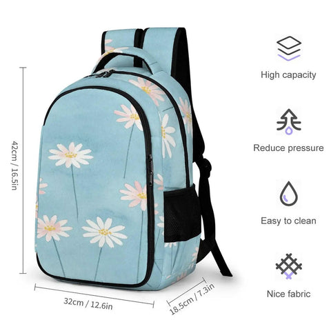Pastel Daisy Light Blue Watercolor Printed Backpack For Everyday Use Unisex Large Capacity Polyester Go To Daypack dimensions shown