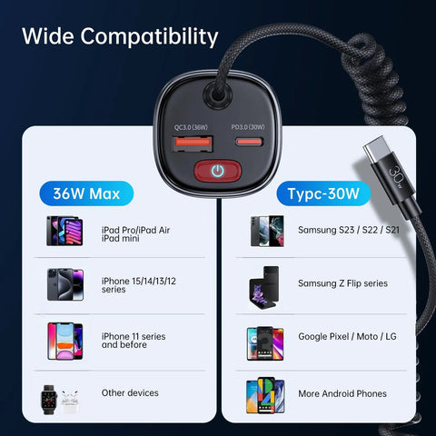 Heavy Duty Usb C Car Charger With Six Foot Coiled Cable And Smart Power Switch To Halt Battery Drain While You Rapidly Juice Up Phones Smoothly On Every Daily Commute with wide compatibility details.