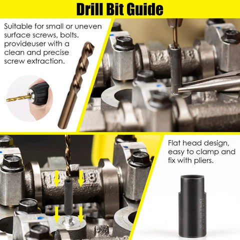 Heavy Duty 55 Piece Screw And Bolt Extractor Set With Multi Spline Bits And Drill Bits For Removing Damaged Frozen Rusted Rounded Off Bolts And Screws Industrial Grade CR MO Steel For Home And Shop in use with drill bit guide.