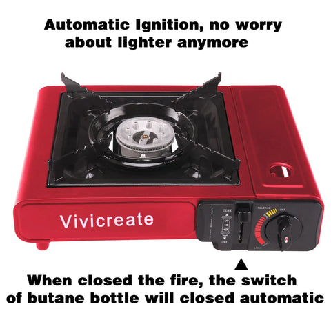 8500 BTU Portable Butane Stove With Auto Ignition, red gas burner with safety lock and control panel, ideal for camping