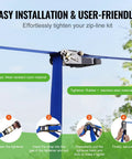 Easy installation of 52 Ft Backyard Zipline Kit For Kids And Adults Up To 330 Lb with nylon strap and stainless steel tightener.