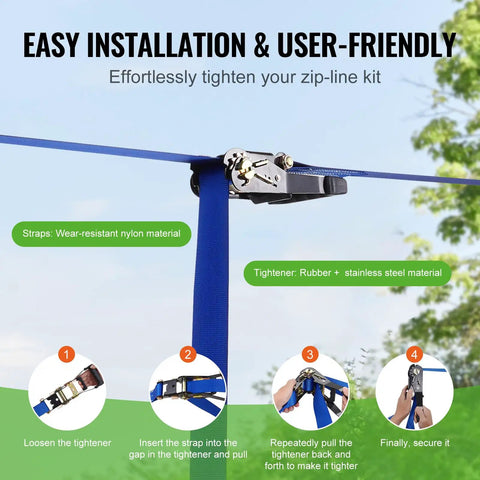 Easy installation of 52 Ft Backyard Zipline Kit For Kids And Adults Up To 330 Lb with nylon strap and stainless steel tightener.