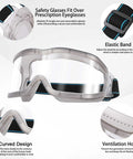 Diagram of oversized safety goggles that fit over glasses for lab work, anti fog vent design, clear PC lens and elastic band.