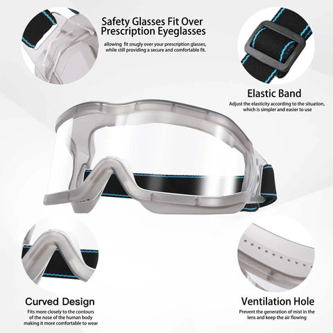 Diagram of oversized safety goggles that fit over glasses for lab work, anti fog vent design, clear PC lens and elastic band.