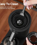 Aaobosi Cordless Burr Coffee Grinder Rechargeable With 60 Settings And Anti Static Design Digital Timer Touchscreen, cleaning the burr with brush.